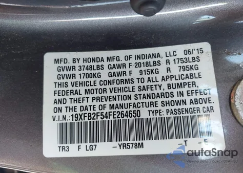 2015 Honda Civic Lx from USA, damaged, VIN 19XFB2F54FE264650